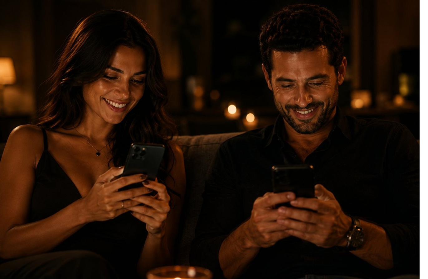 Casal jogando Entre Nós juntos no celular, sorrindo lado a lado